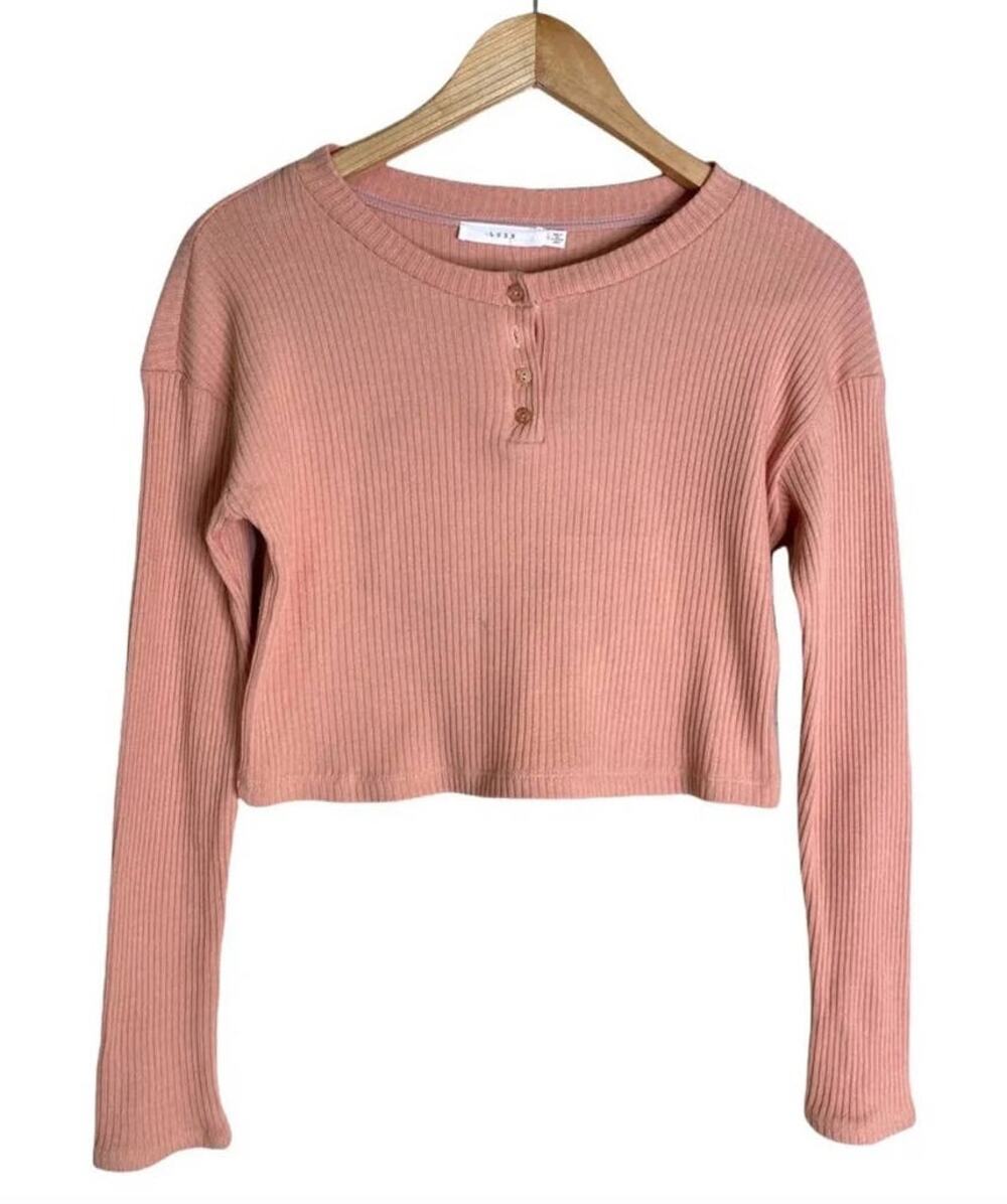 Lush Blush Ribbed Crop Top Long Sleeve Henley - M